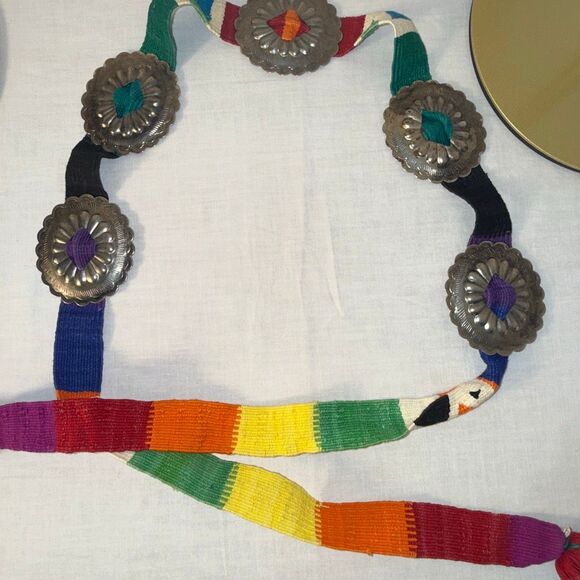 Vintage Handwoven Rainbow Belt with Silver Conchos | Southwestern Artisan Boho C - Picture 8 of 16